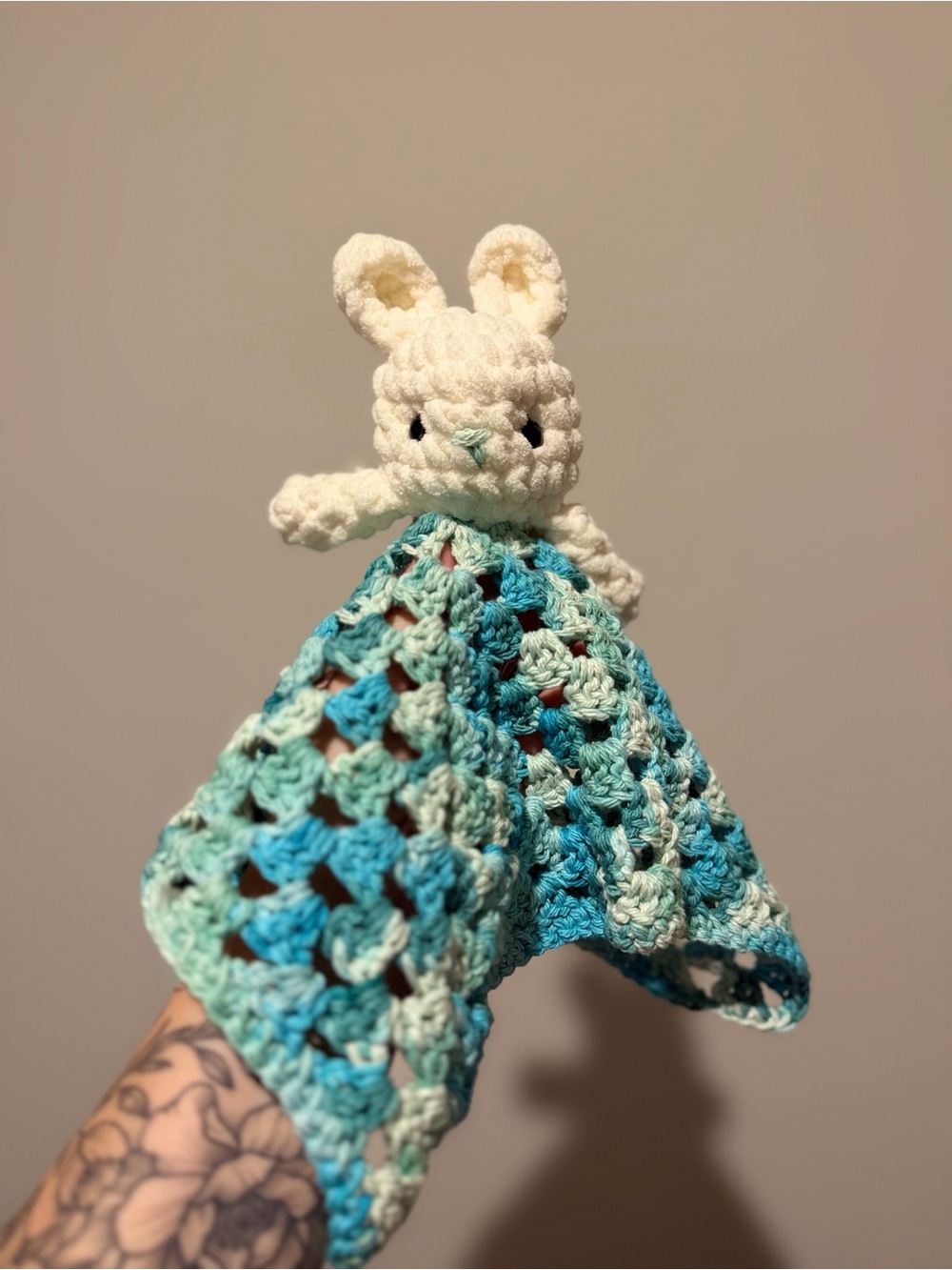 Handmade Crochet Bunny Lovey Security Blanket Baby Gift Blue